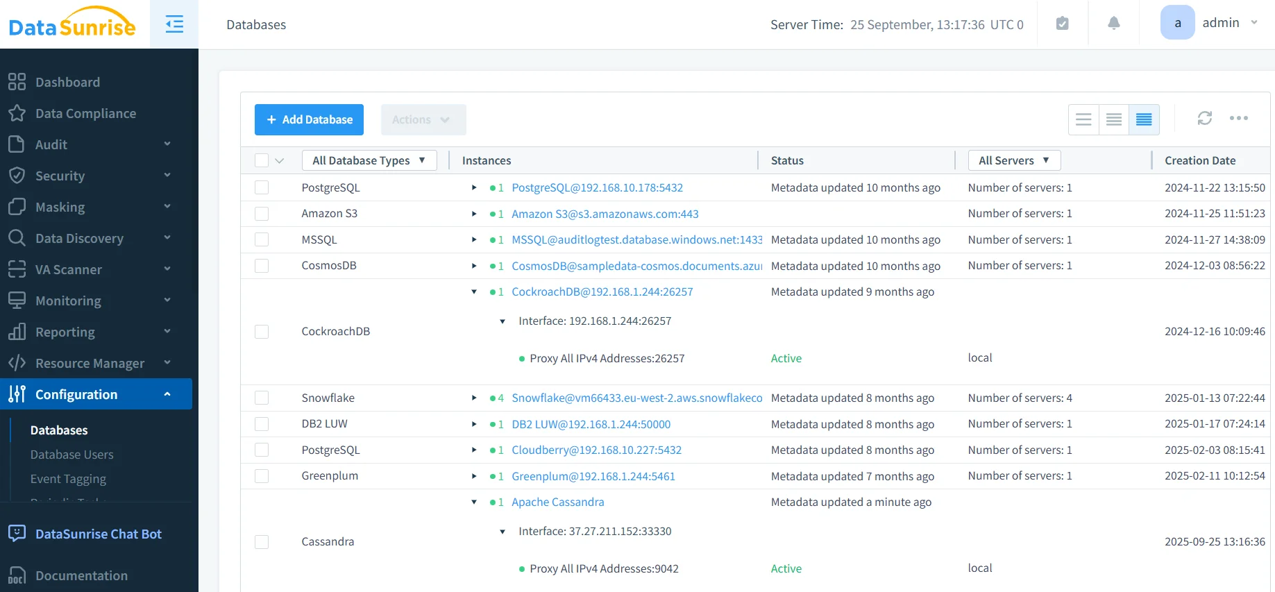 How to Ensure Compliance for Apache Cassandra - DataSunrise dashboard displaying compliance and security modules and connected Apache Cassandra database instance.