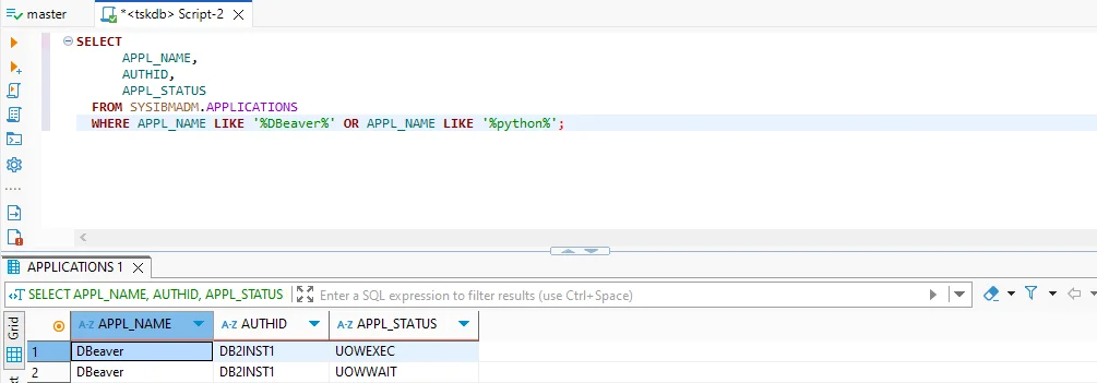 Cómo asegurar la conformidad para IBM Db2 - Captura de pantalla que muestra una consulta SQL filtrando aplicaciones por nombre en una herramienta de gestión de bases de datos.