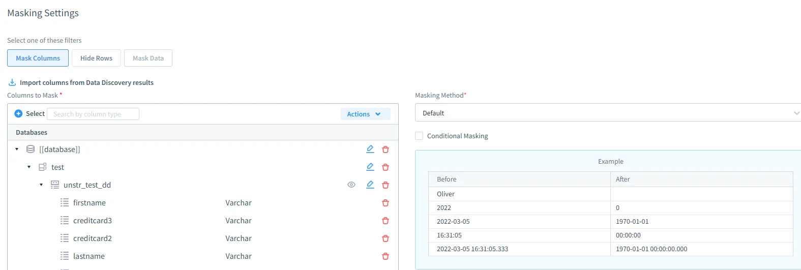 Cómo asegurar la conformidad para IBM Db2 - Interfaz de configuración de enmascaramiento que muestra opciones para enmascarar columnas, ocultar filas y enmascarar datos con listas seleccionables de bases de datos y columnas.
