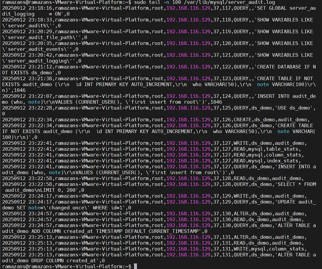 How to Ensure Compliance for MariaDB - Terminal output showing audit log entries filtered using tail command.