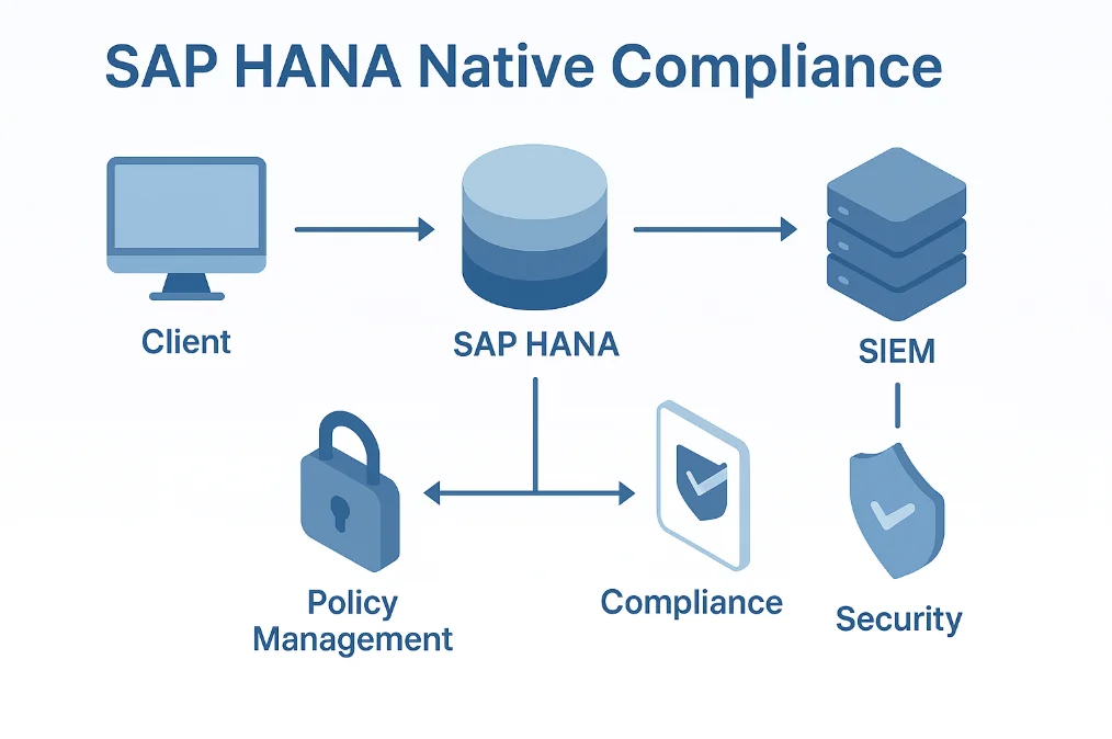 How to Ensure Compliance for SAP HANA - Diagram showing components like client, policy management, SIEM, and security for native compliance.