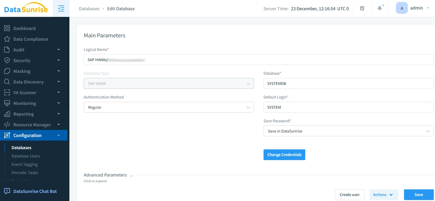 How to Ensure Compliance for SAP HANA - Screenshot of DataSunrise UI showing navigation options such as Data Compliance, Audit, Security, and Masking, with a database editing section partially visible.
