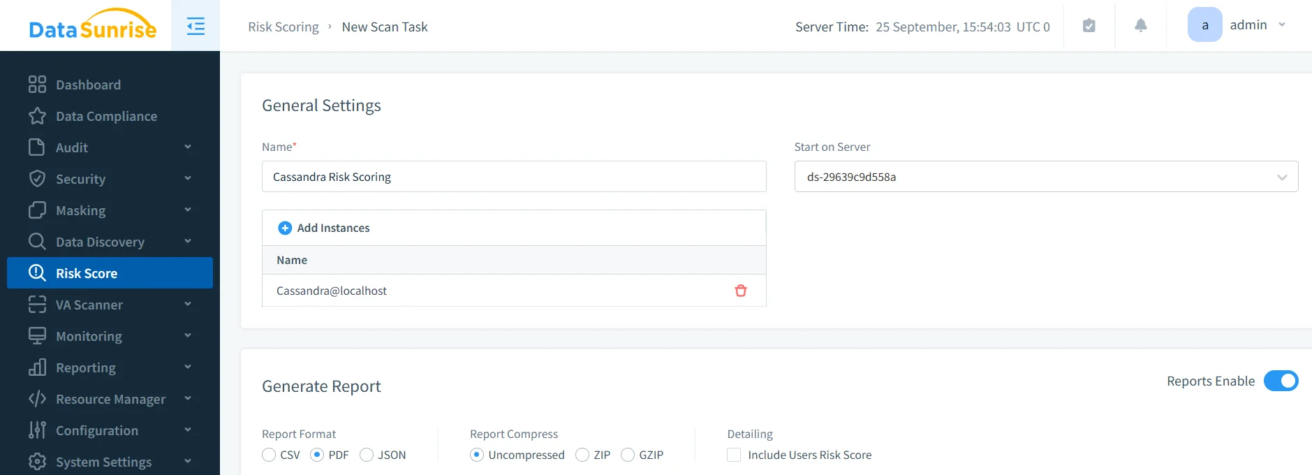 How to Manage Data Compliance for Apache Cassandra - DataSunrise UI displaying risk scoring, scan task options, and navigation menu for compliance management.