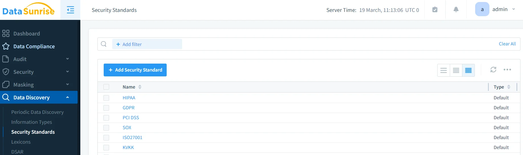 How to Manage Data Compliance for Azure Cloud Storage - Screenshot of DataSunrise dashboard showing options for managing data compliance, including audit, security, masking, and data discovery features.