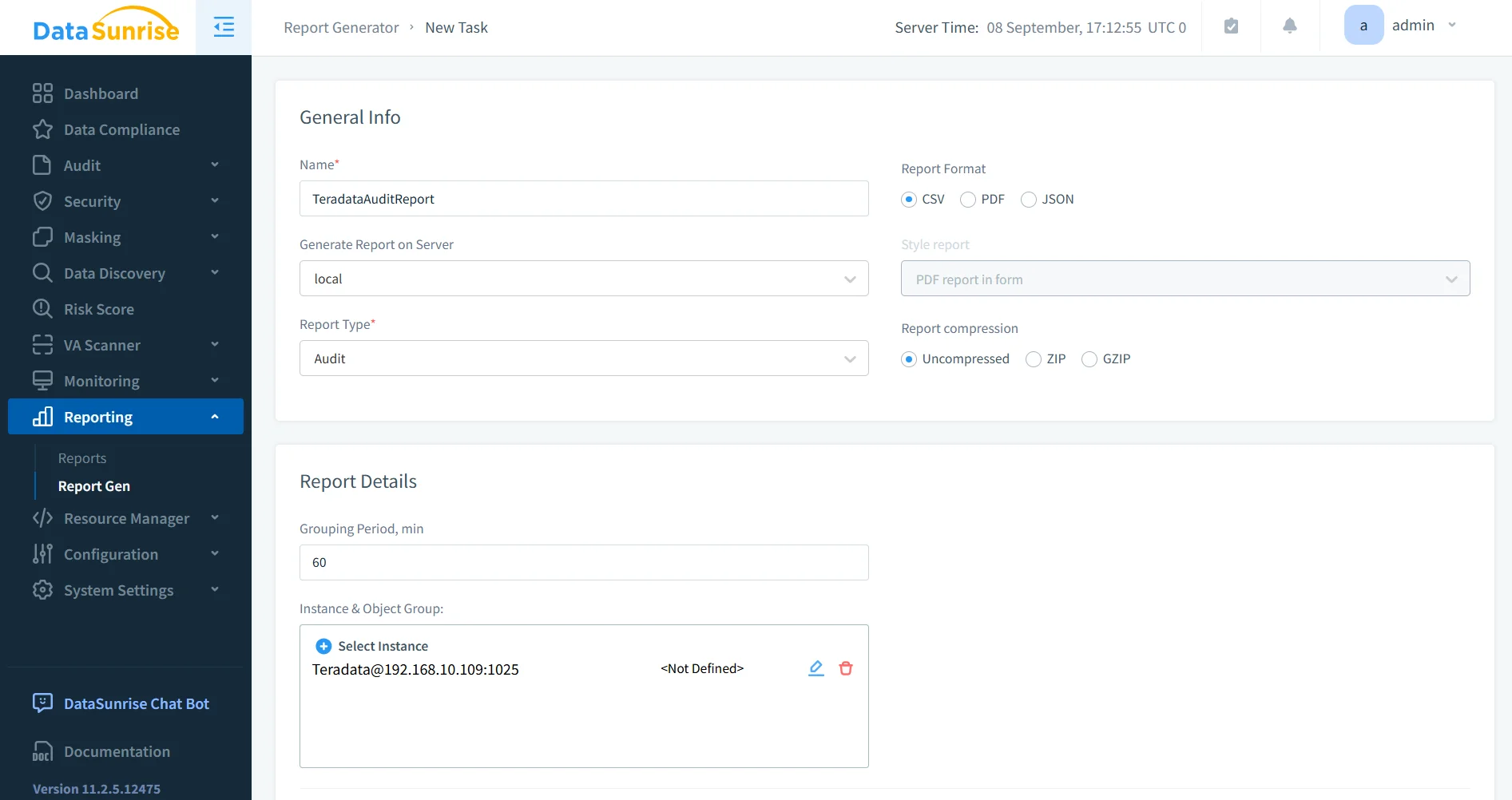 How to Manage Data Compliance for Teradata - Screenshot of DataSunrise Report Generator interface showing fields for task name, server time, and report format options.