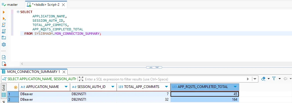 IBM Db2 Compliance Management - SQL query interface displaying a script with connection summary details.