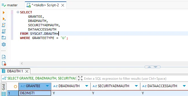 IBM Db2 Compliance Management - Screenshot showing a SQL query filtering database authorization details in SYSCAT.DBAUTH table.