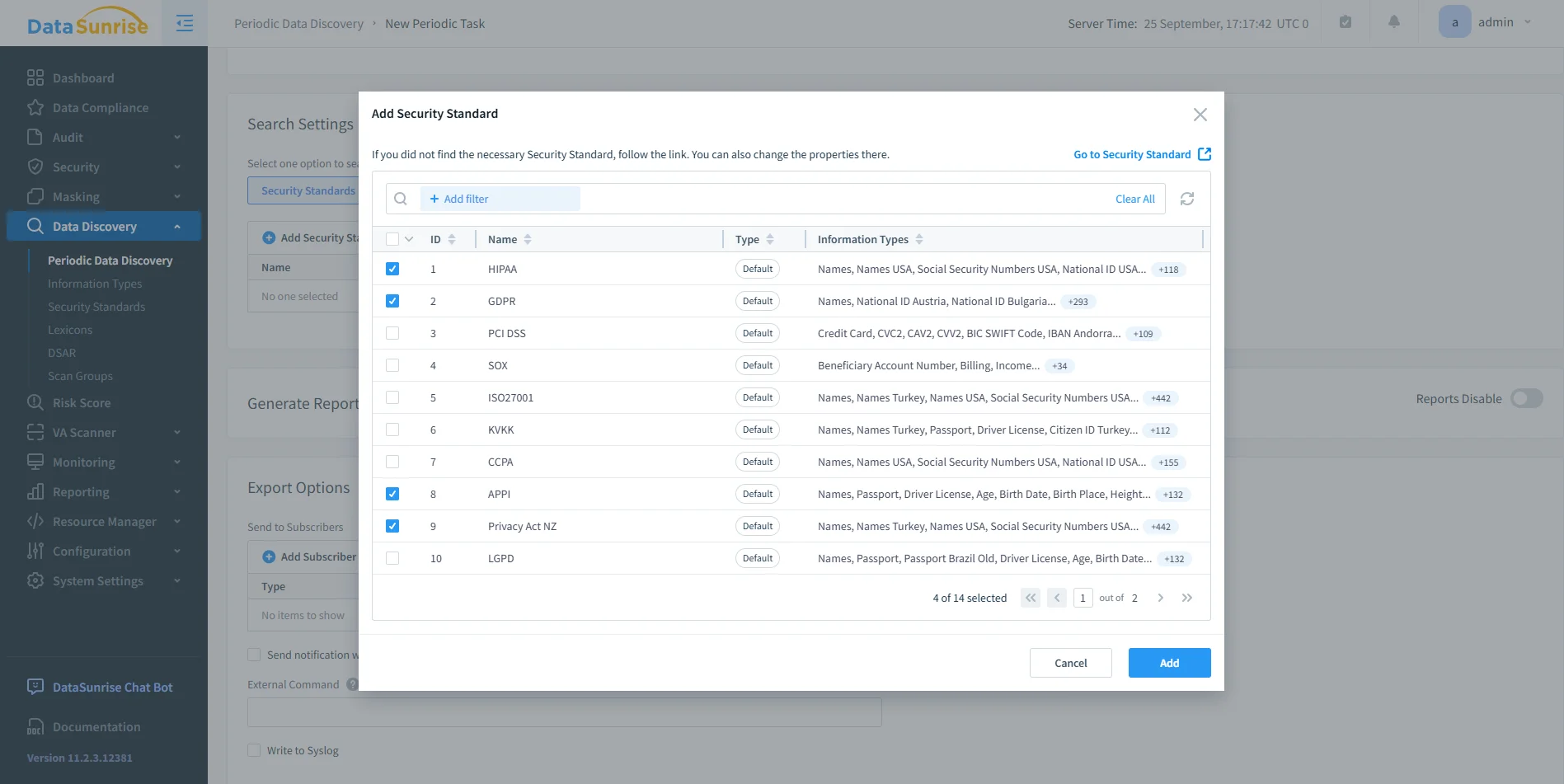 IBM Db2 Compliance Management - Screenshot of DataSunrise UI showing menu options for compliance and security features.