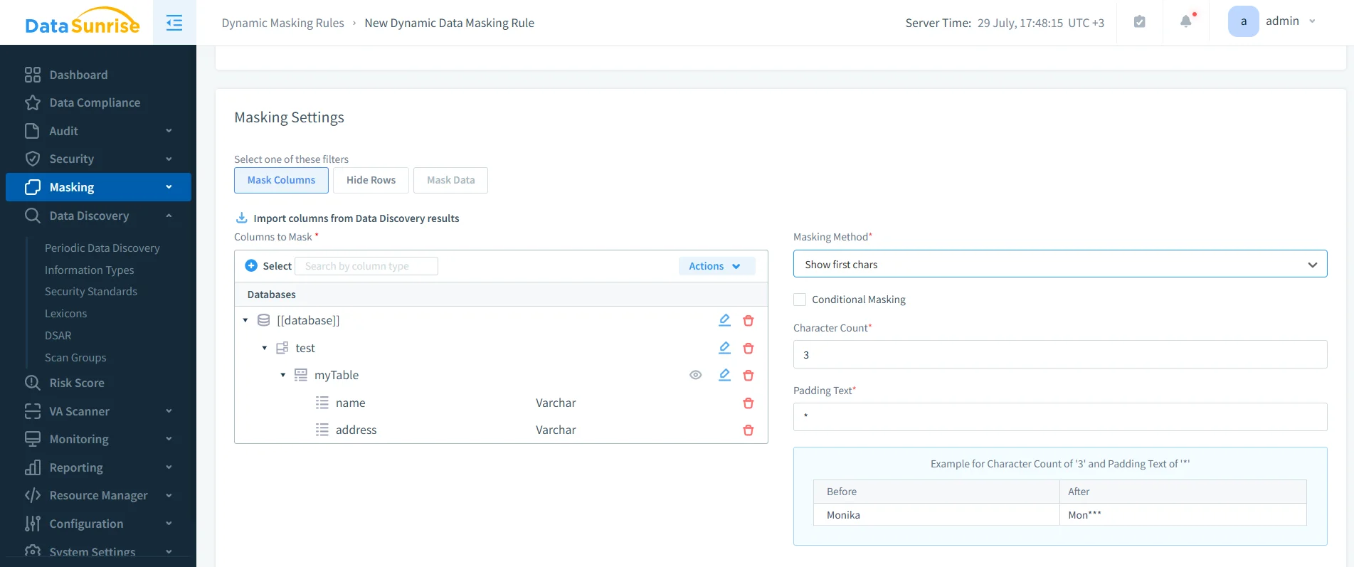 IBM Db2 Data Governance - Dynamic Masking Rules interface showing options for creating and managing data masking settings.