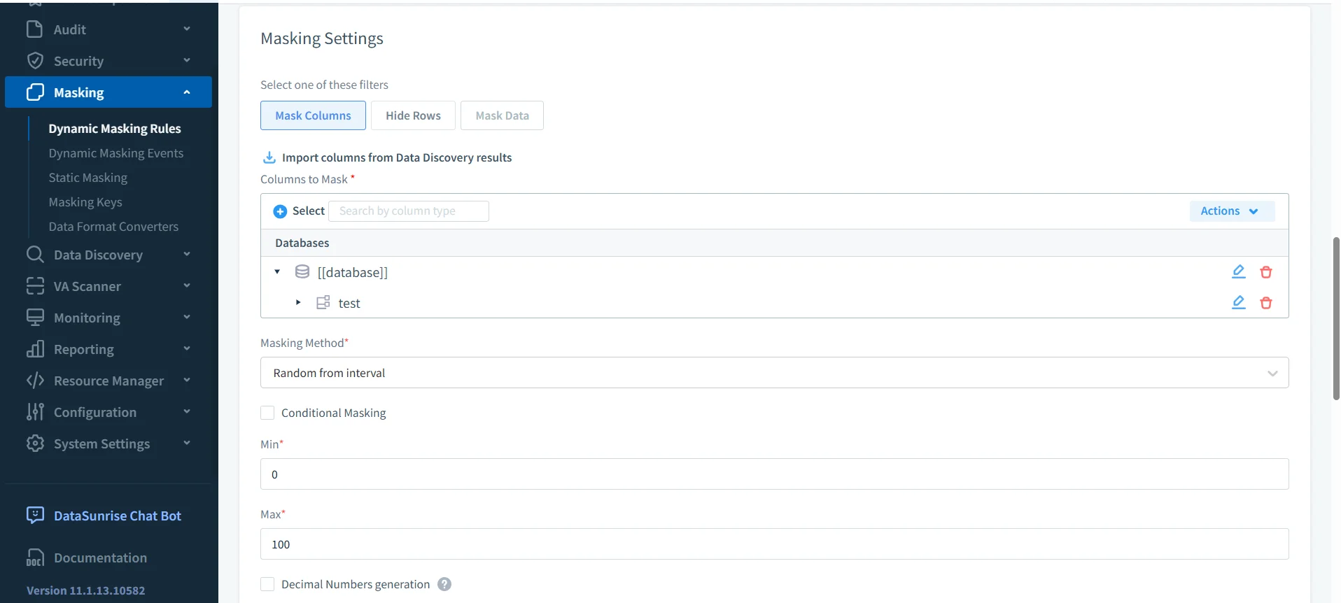 Conformidad Regulatoria de IBM Db2 - Interfaz de DataSunrise mostrando opciones de menú relacionadas con funciones de seguridad, enmascaramiento, monitoreo y configuración.