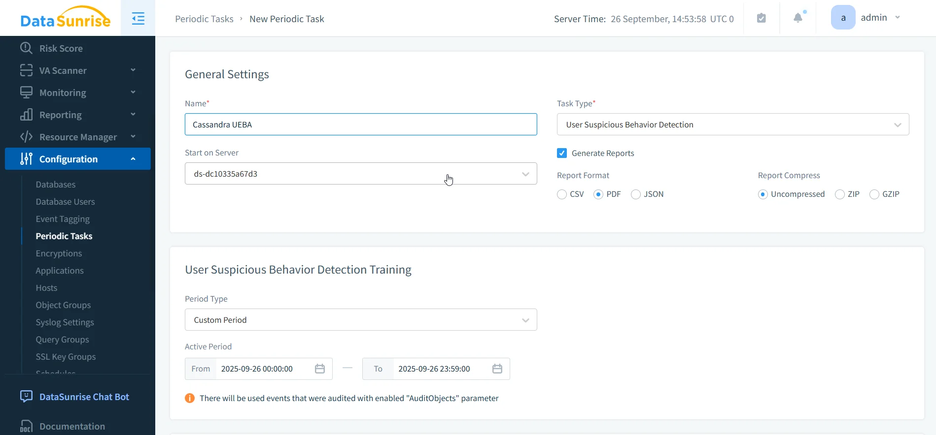 LLM, ML & NLP Data Compliance Tools for Apache Cassandra - Creating suspicious behavior detection task in DataSunrise.