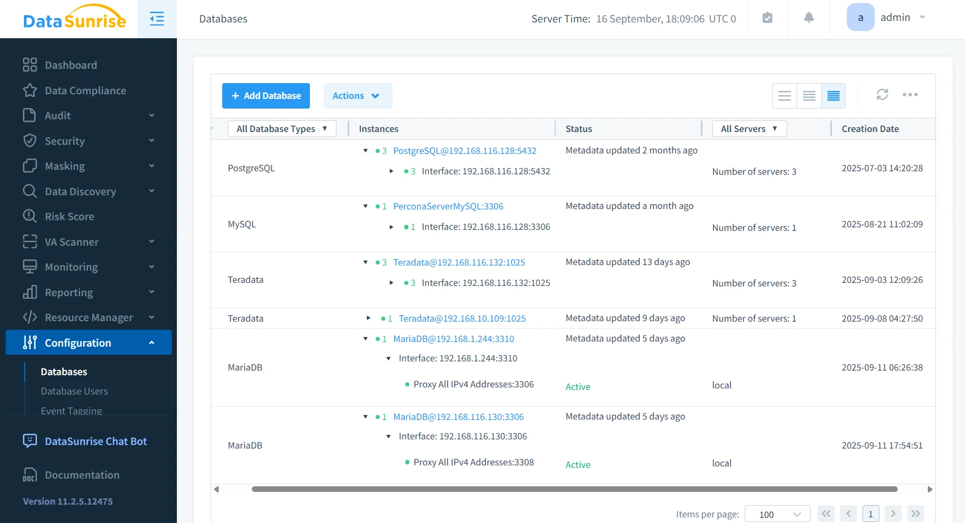MariaDB Data Compliance Automation - DataSunrise UI displaying dashboard with navigation options for compliance, security, masking, and database management.