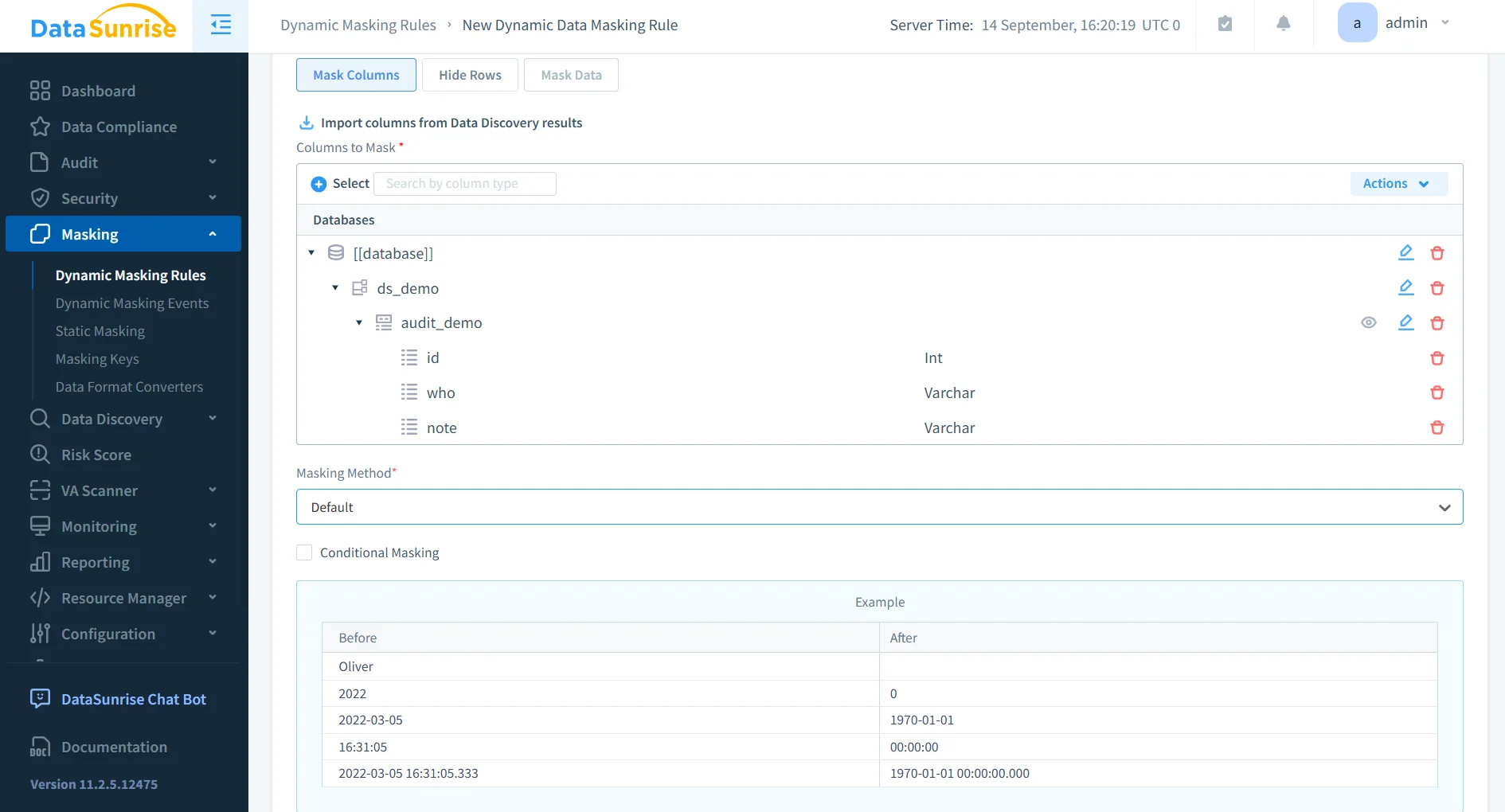MariaDB Data Compliance Automation - Dynamic Data Masking Rules interface showing options for masking columns, hiding rows, and masking data.