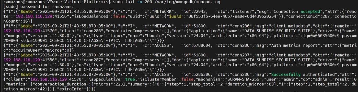MongoDB Compliance Management - Terminal output showing MongoDB log entries and a connection event.