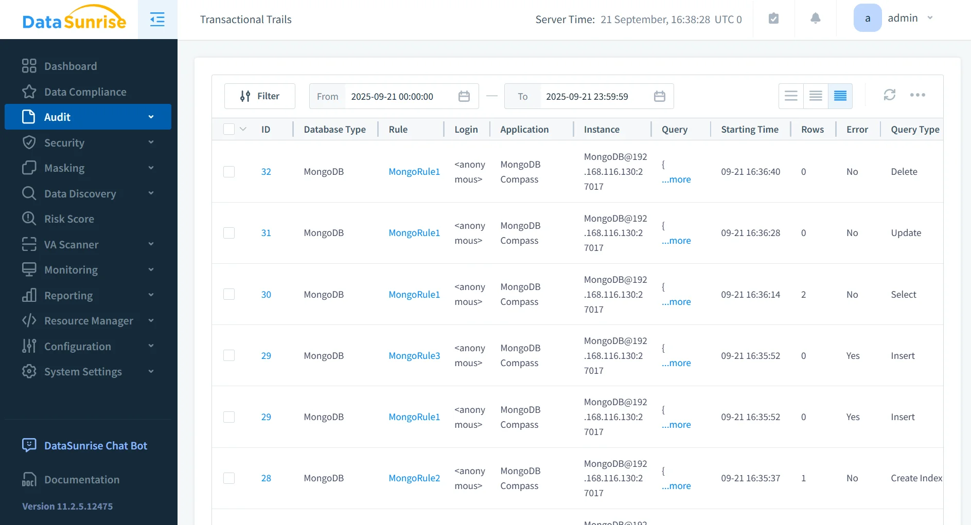 MongoDB Compliance Management - DataSunrise UI displaying navigation menu and transactional trails with IDs.