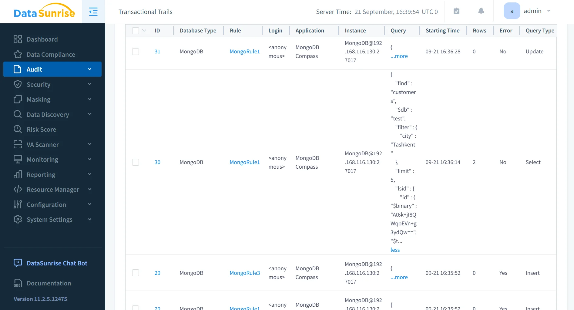 MongoDB Data Governance - DataSunrise dashboard displaying navigation menu with options like Data Compliance, Audit, Security, and Masking.
