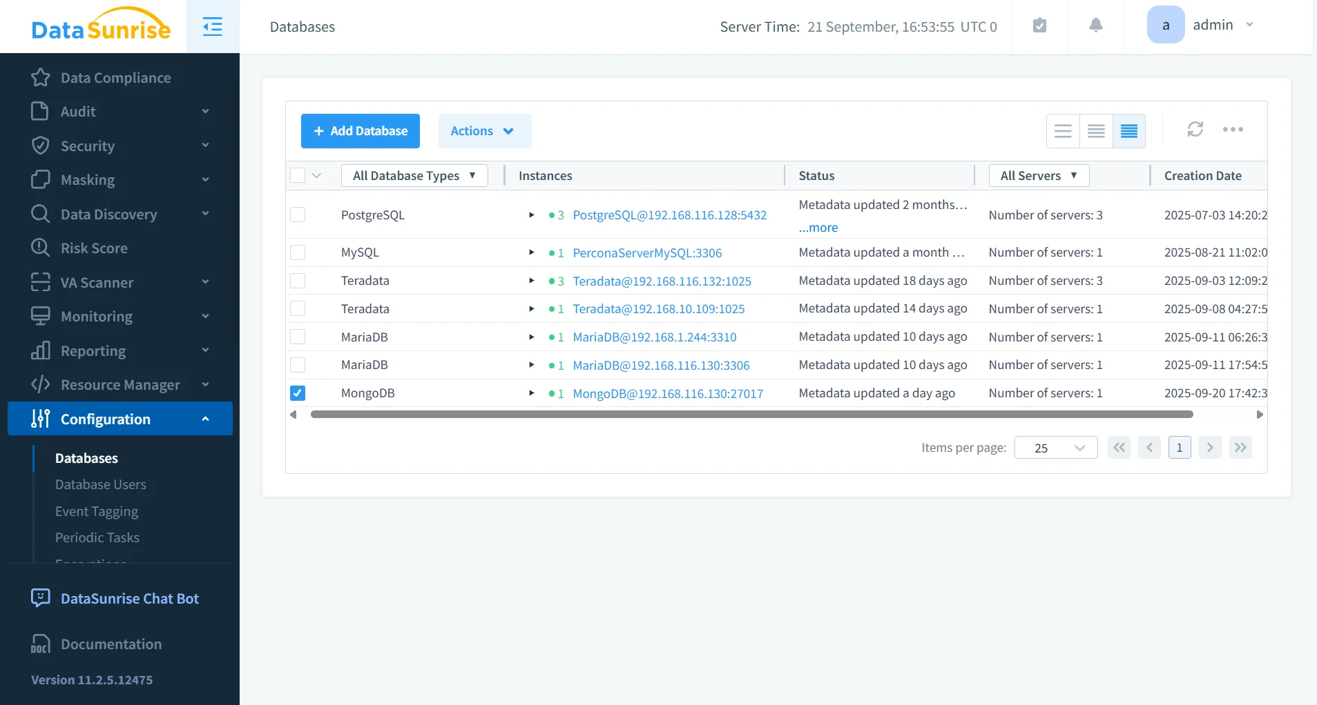 MongoDB Data Governance - Screenshot of DataSunrise UI featuring navigation options for compliance, security, masking, and database management.