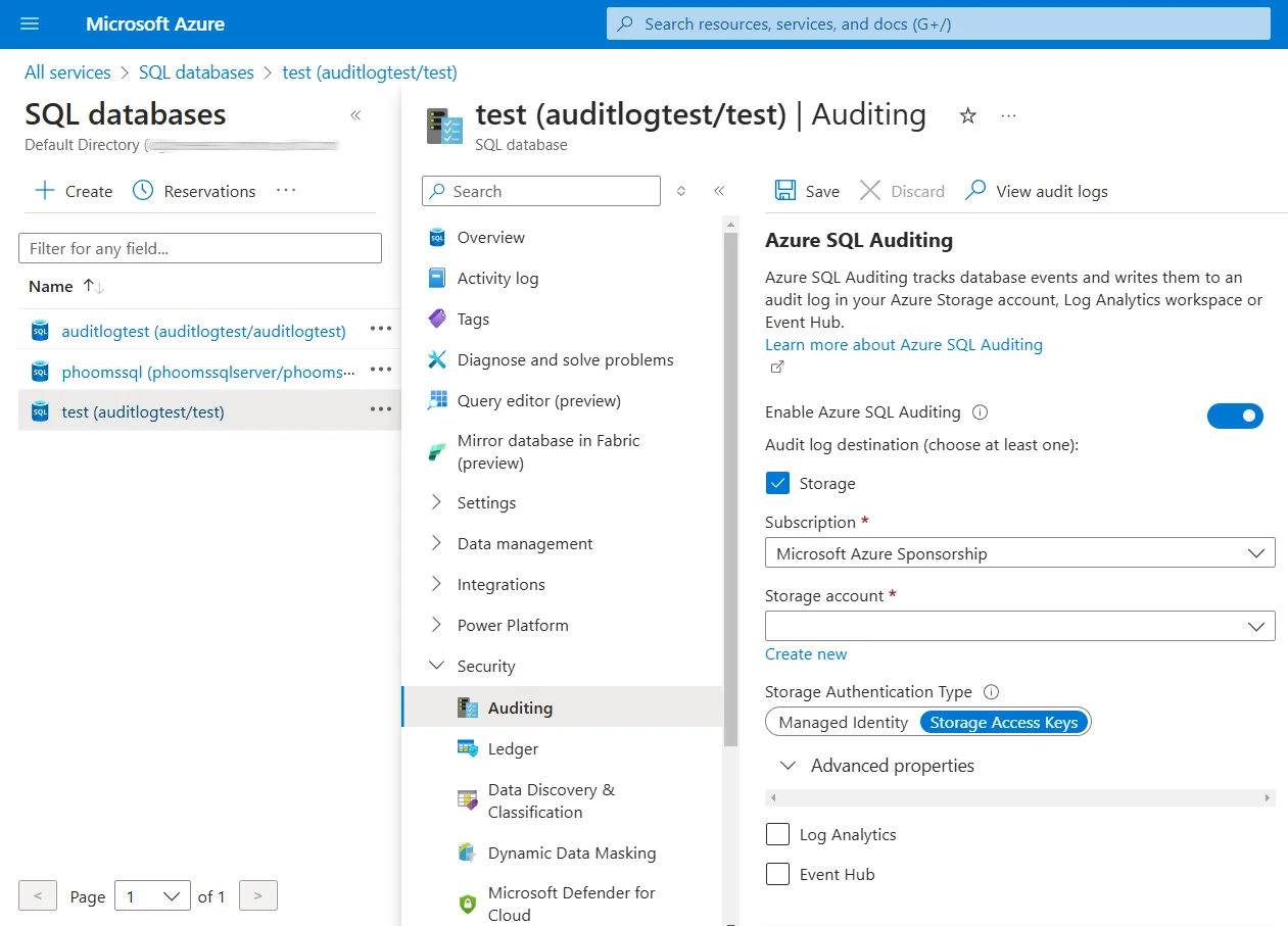 NLP, LLM & ML Data Compliance Tools for Azure Cosmos DB for NoSQL - Screenshot of Azure portal showing SQL database auditing configuration for 'auditlogtest'.