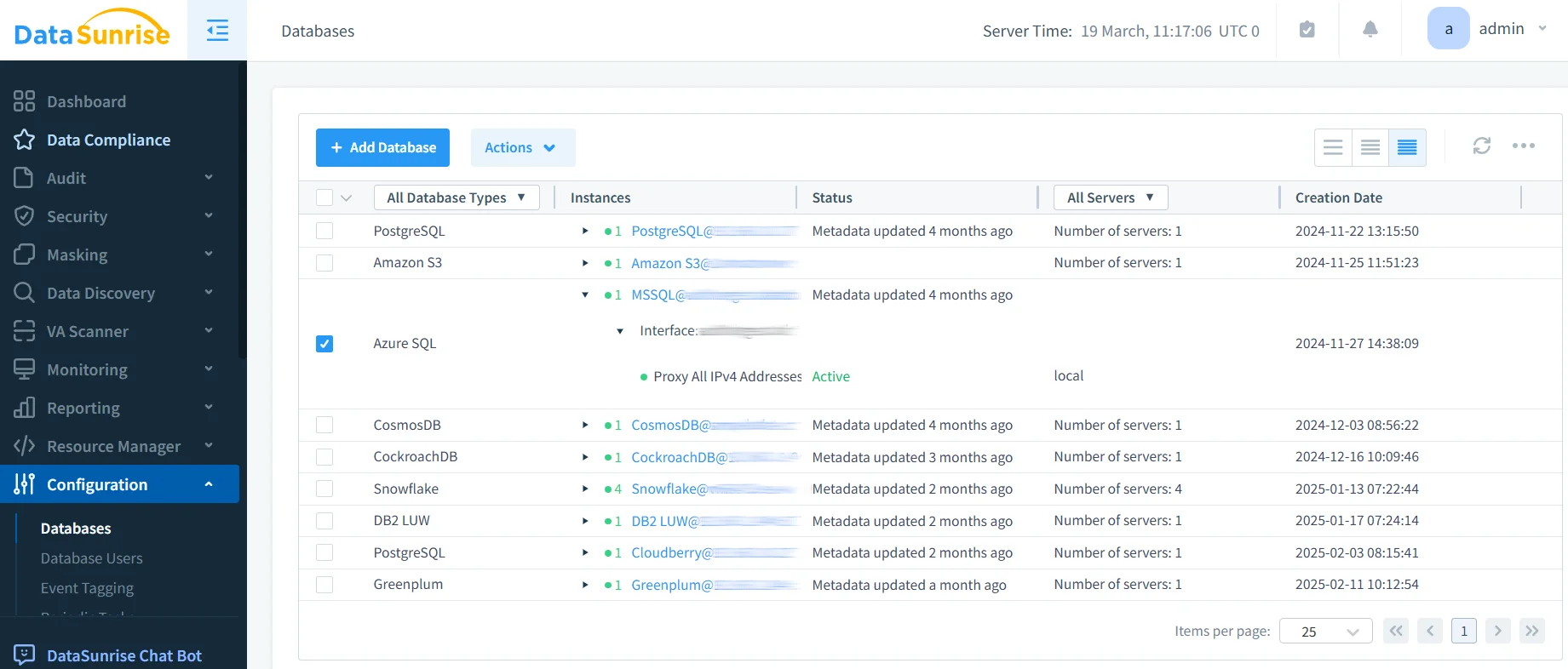 NLP, LLM & ML Data Compliance Tools for Azure Cosmos DB for PostgreSQL - DataSunrise dashboard showing navigation menu with options for data compliance, audit, security, masking, and monitoring.