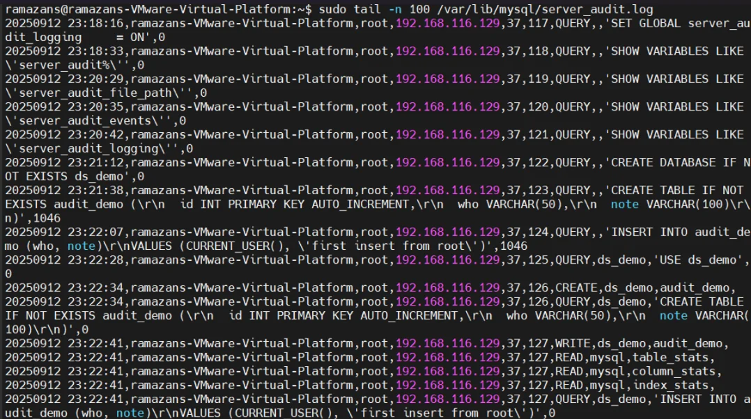 NLP, LLM & ML Data Compliance Tools for MariaDB - Terminal output showing a tail command retrieving the last 100 lines of the MariaDB server audit log.