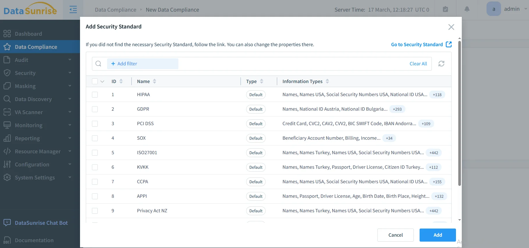 SAP HANA Regulatory Compliance: Comprehensive Security Framework - DataSunrise interface showing the 'Data Compliance' section with options to add or modify security standards.