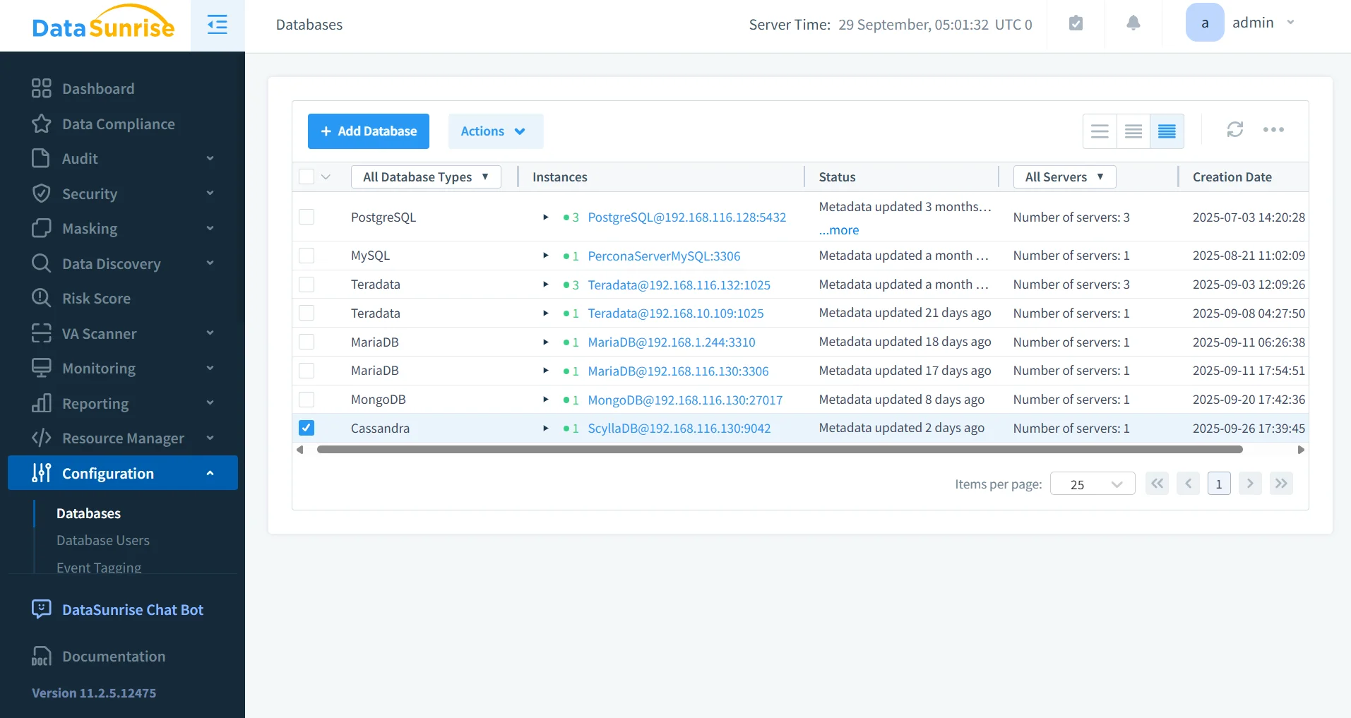 ScyllaDB Data Governance - DataSunrise dashboard displaying navigation menu with compliance, security, masking, and monitoring options.