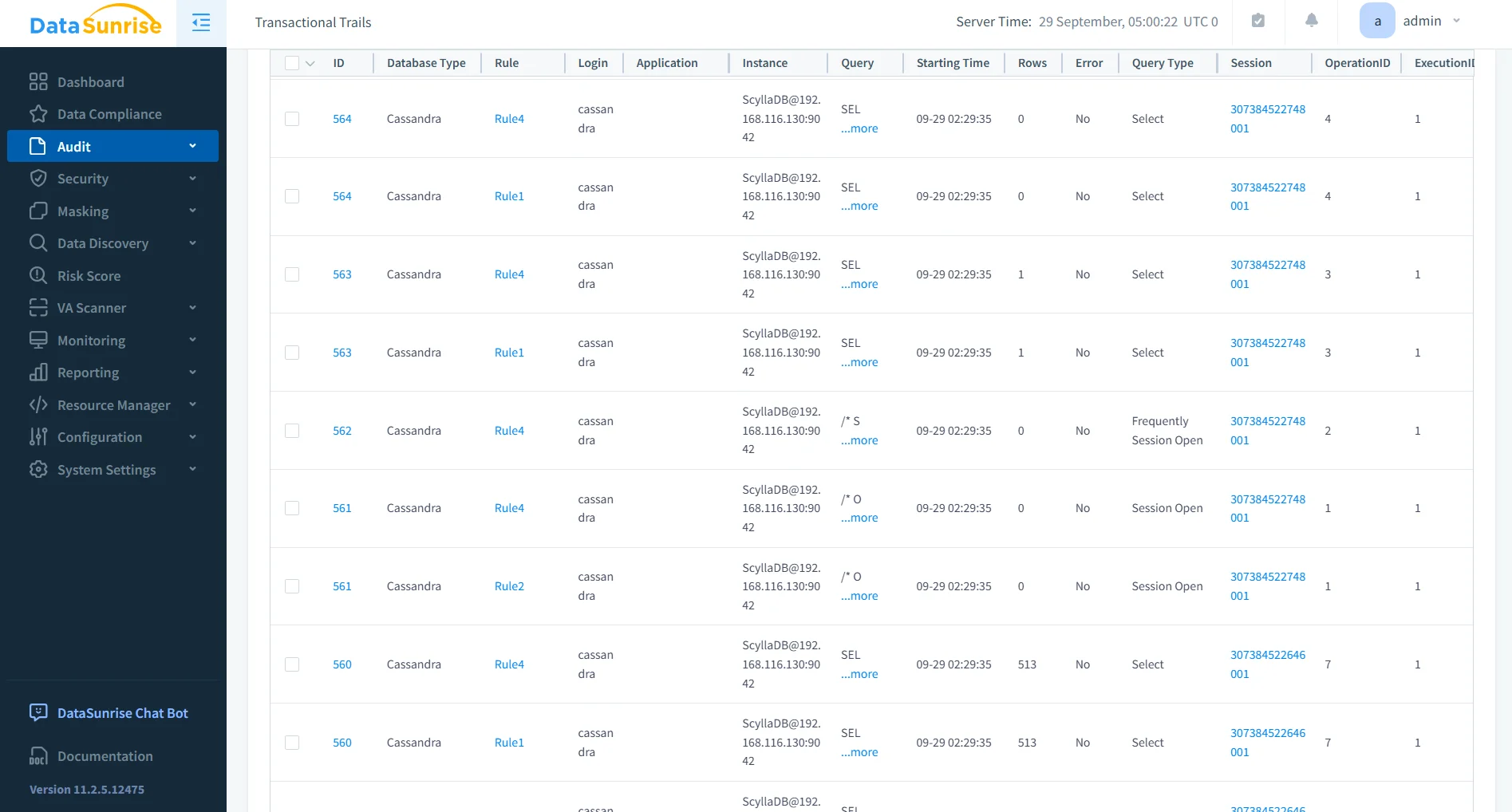 ScyllaDB Regulatory Compliance - Transactional trails display with server time and ScyllaDB instance details.