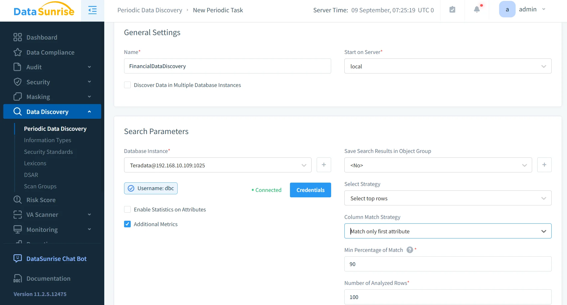 Teradata Data Compliance Automation - DataSunrise dashboard displaying compliance features and periodic data discovery options.