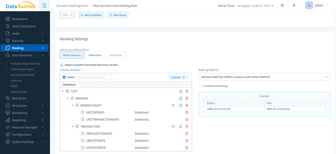 ¿Qué es el rastro de auditoría de Google Cloud SQL? - Captura de pantalla de la interfaz de DataSunrise mostrando el menú de navegación y opciones para funciones de auditoría, seguridad, enmascaramiento e informes.