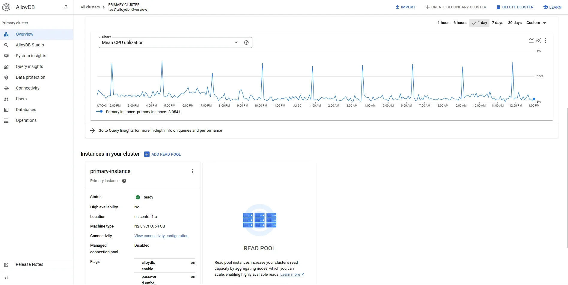 AlloyDB for PostgreSQL Data Governance - UI displaying primary cluster overview with options for system insights, query insights, and data protection.