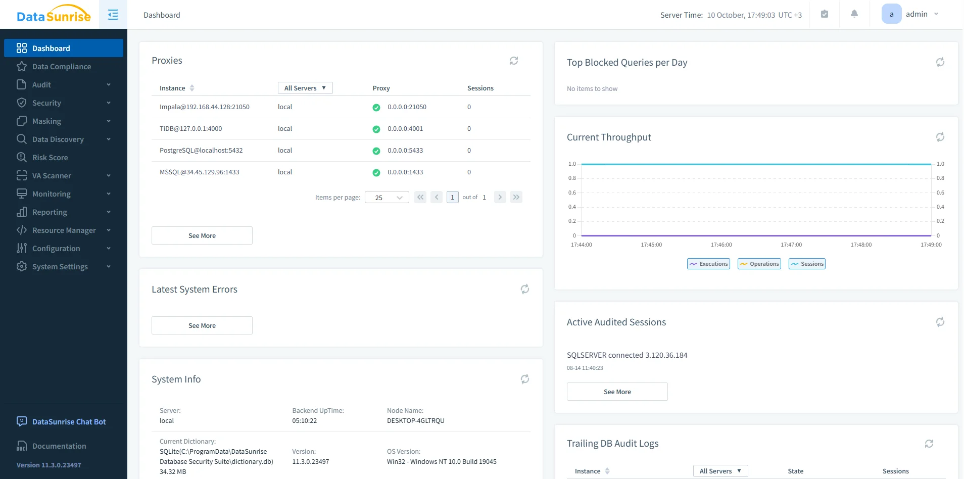 Effortless Data Compliance for IBM Db2 - DataSunrise dashboard displaying navigation menu and version information.