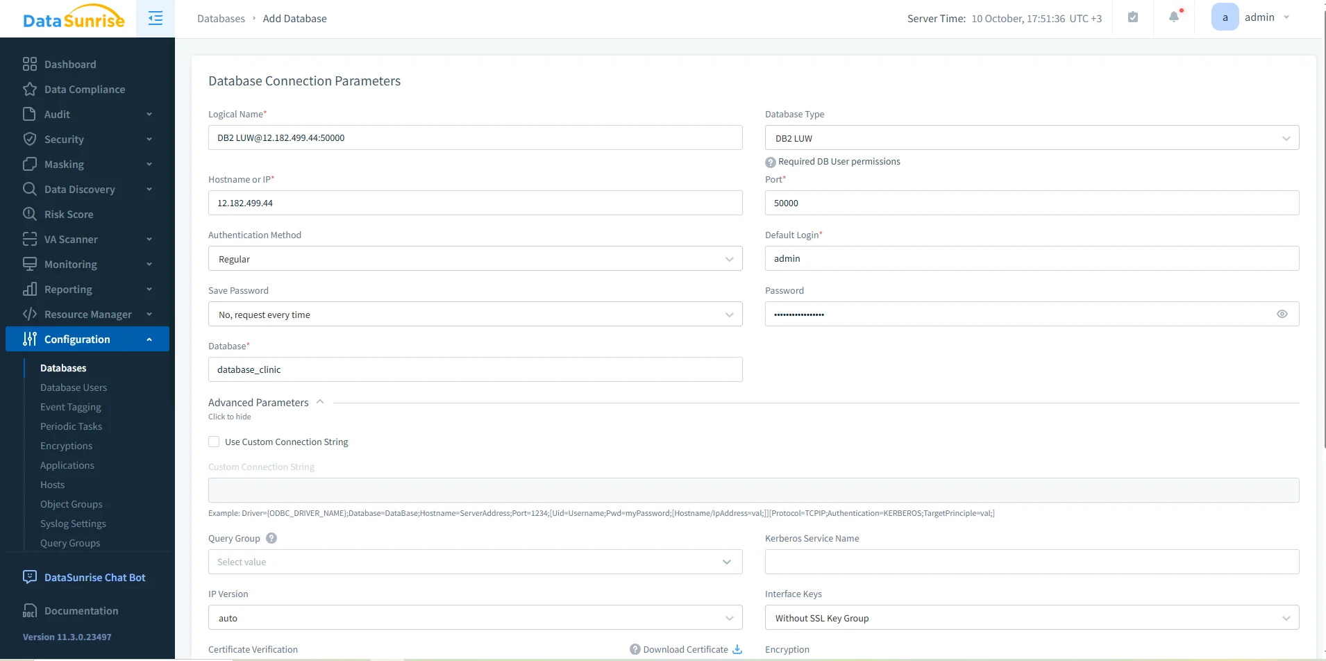 Effortless Data Compliance for IBM Db2 - Screenshot of DataSunrise UI showcasing navigation menu options like Data Compliance, Audit, Security, and Masking.