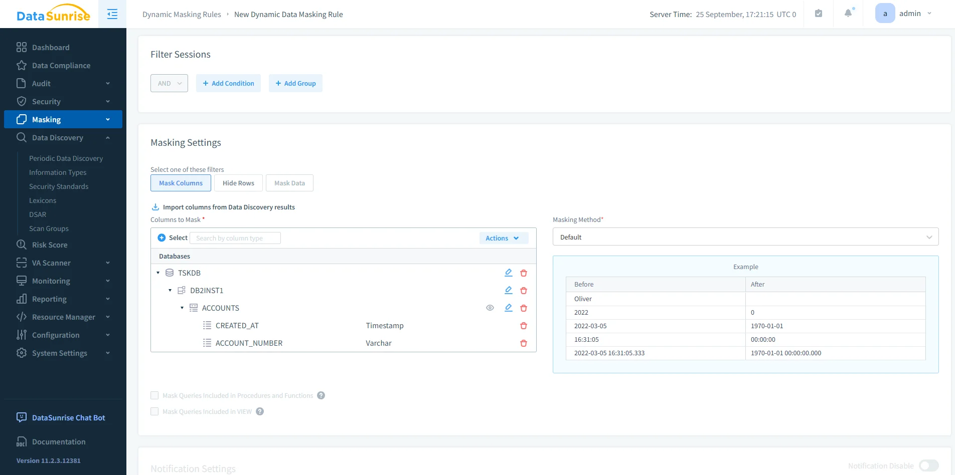 Effortless Data Compliance for IBM Db2 - DataSunrise UI displaying navigation menu for compliance, security, and monitoring features.