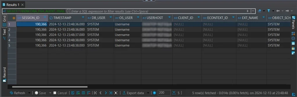 Cumplimiento sin Esfuerzo de Datos para Oracle Database - Captura de pantalla que muestra resultados de consultas de ejemplo con campos como TIMESTAMP, SESSION_ID, DB_USER y USERHOST.