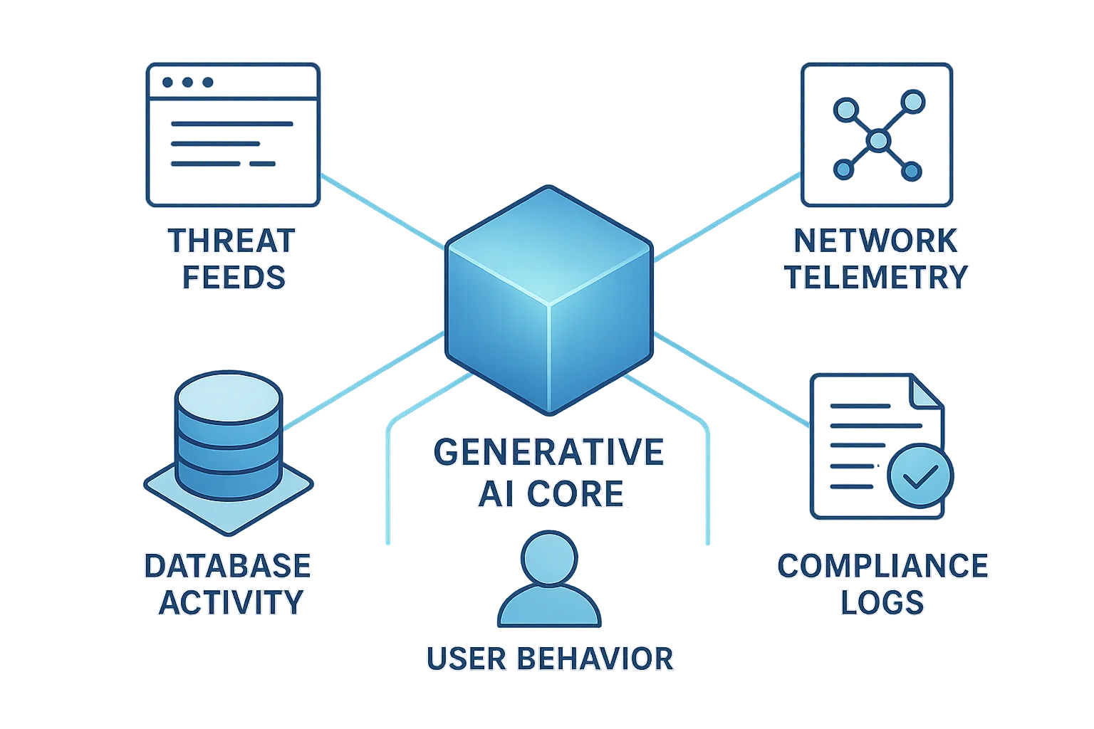 Generative AI for Threat Intelligence: The New Era of Cyber Defense - Diagram showcasing various data feeds including database activity, user behavior, network compliance, and logs.