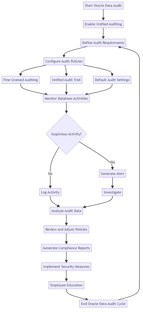 How to Apply Data Governance for Oracle Database - Diagram outlining steps for Oracle data auditing including unified auditing, fine-grained auditing, configuring policies, and analyzing audit data.