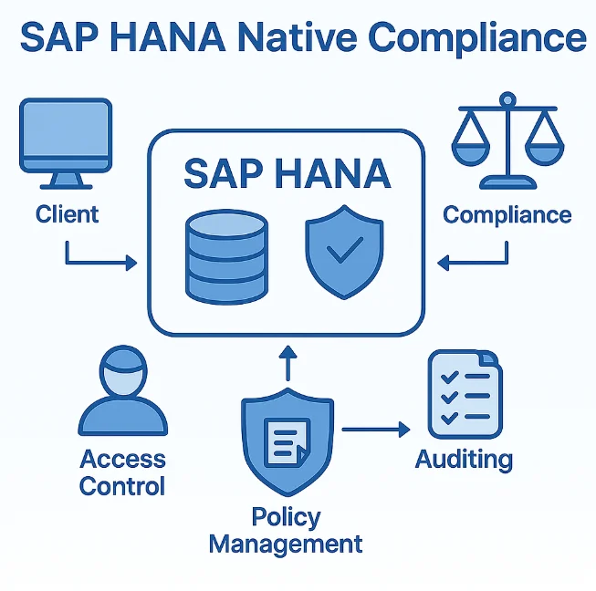 Cómo aplicar la gobernanza de datos en SAP HANA - Diagrama que muestra las características de cumplimiento, incluido el control de acceso, auditoría y gestión de políticas.