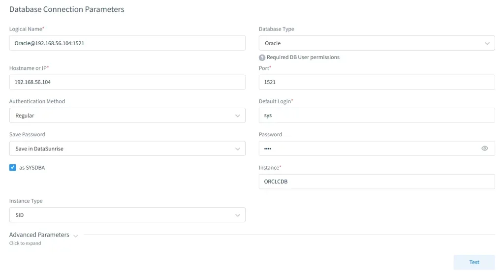 How to Audit Oracle Database: Complete Implementation Guide - Screenshot showing database connection parameters configuration in DataSunrise UI.