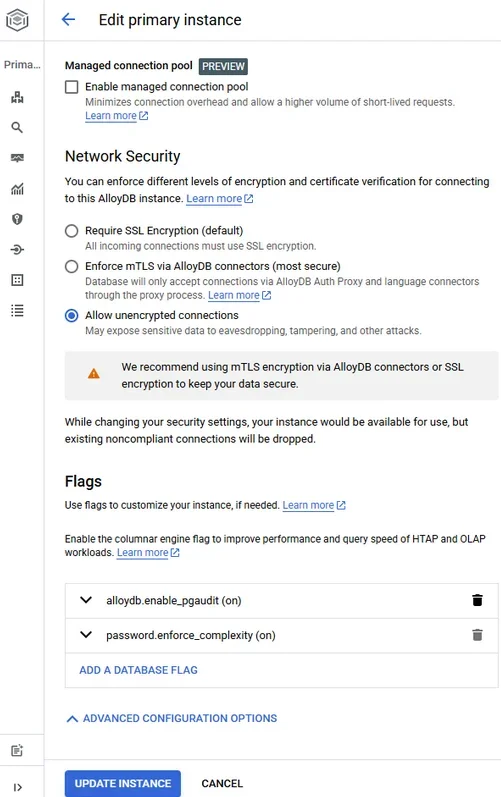How to Automate Data Compliance for AlloyDB for PostgreSQL - UI options for enabling managed connection pool and configuring network security.
