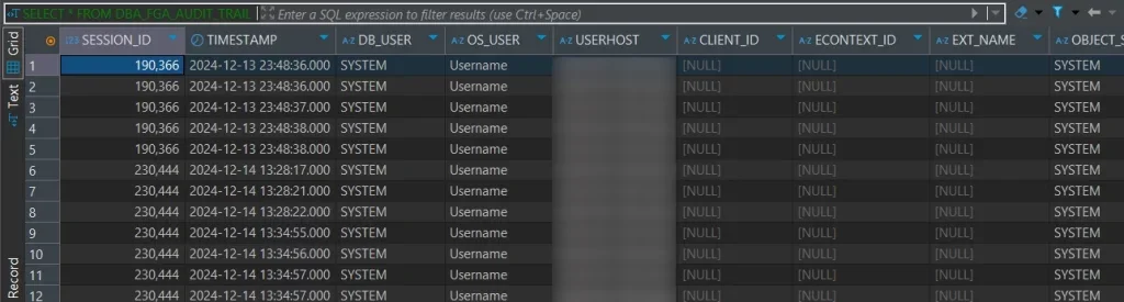 How to Automate Data Compliance for Oracle Database - Screenshot displaying session IDs, timestamps, and user host details for monitoring database activity.
