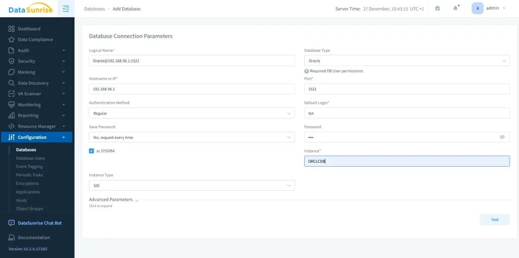 How to Automate Data Compliance for Oracle Database - Screenshot of DataSunrise interface showing audit and reporting sections with database connection parameters.