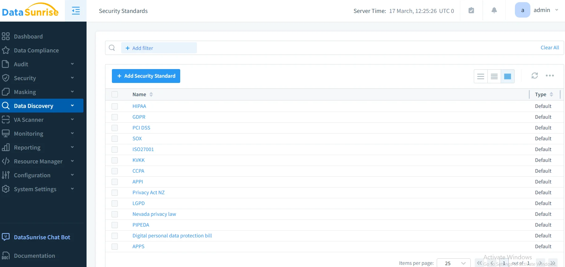 How to Automate Data Compliance for Oracle Database - Screenshot of DataSunrise interface showing security standards and compliance-related features.