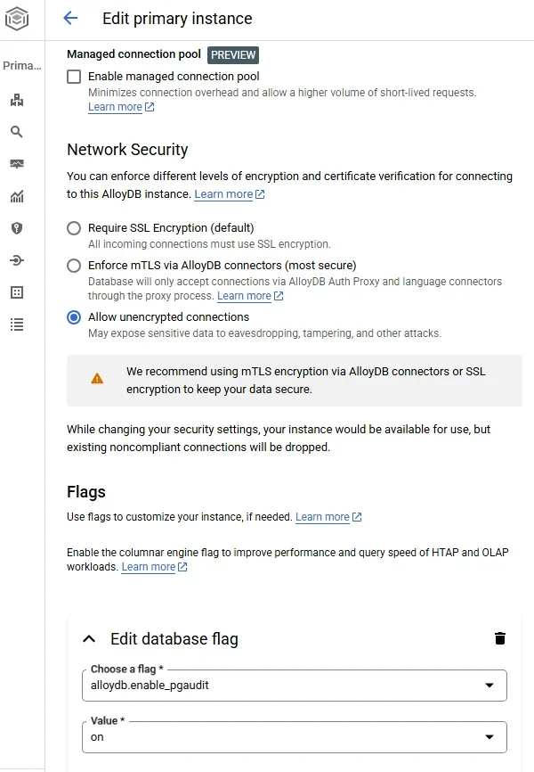 How to Ensure Compliance for AlloyDB for PostgreSQL - Screenshot showing options to edit the primary instance, enable managed connection pooling, and configure network security settings.