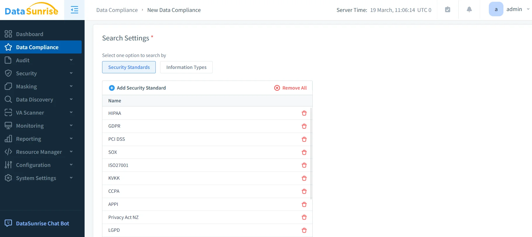 How to Manage Data Compliance for Oracle Database - Screenshot of DataSunrise UI displaying the Data Compliance section with navigation options and search settings.