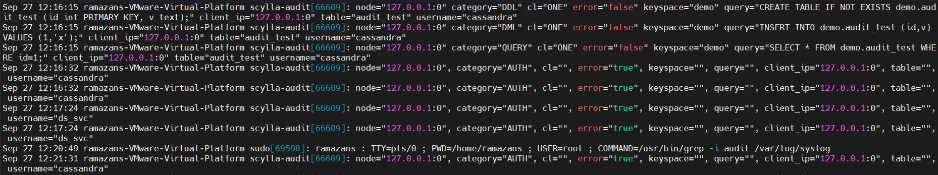 How to Manage Data Compliance for ScyllaDB - Terminal output showcasing audit logs with sample SQL statements for ScyllaDB compliance testing.