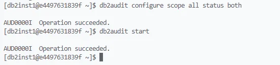 IBM Db2 Audit Log - Terminal output showing commands to configure and start audit logging with successful operation messages.