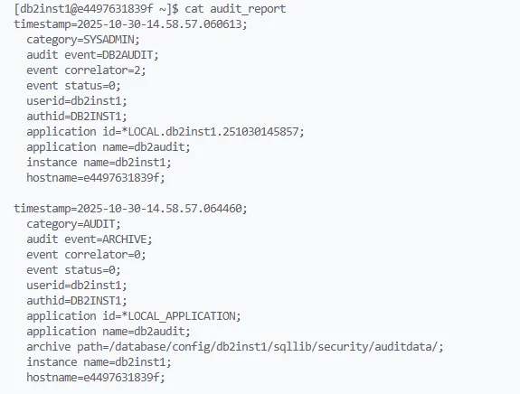 IBM Db2 Audit Log - Terminal output displaying audit log details including timestamp, category, event, user ID, application ID, and instance name.