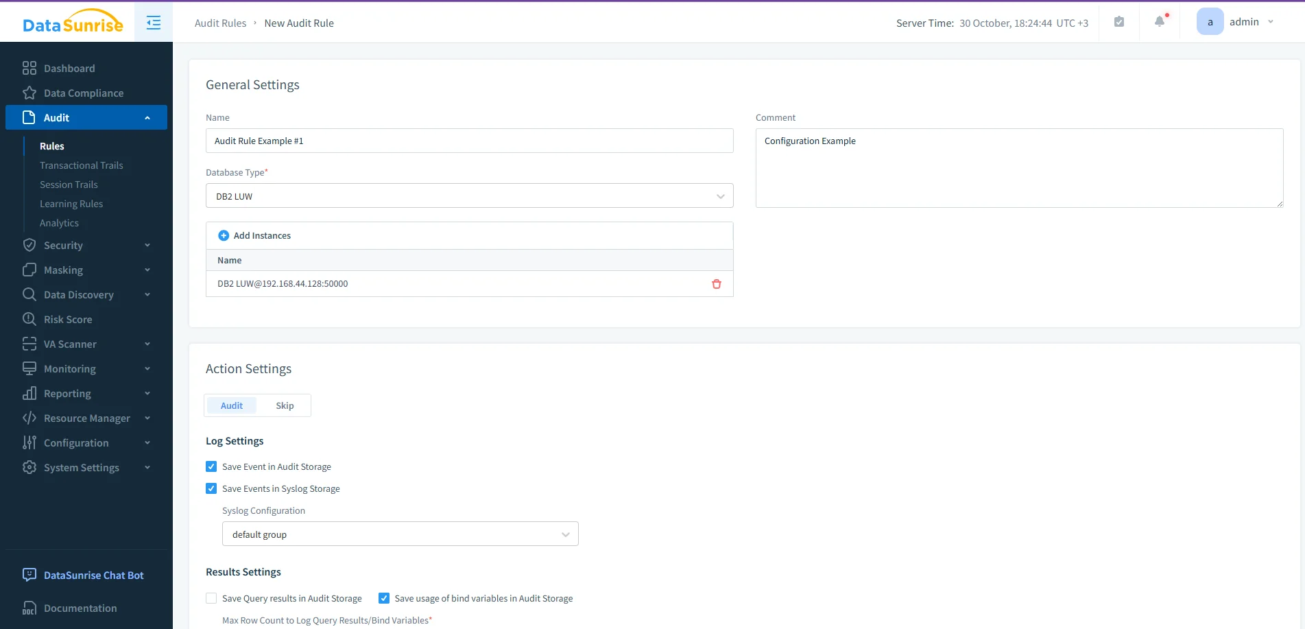 IBM Db2 Audit Log - Screenshot of DataSunrise interface showing navigation menu and audit-related options.