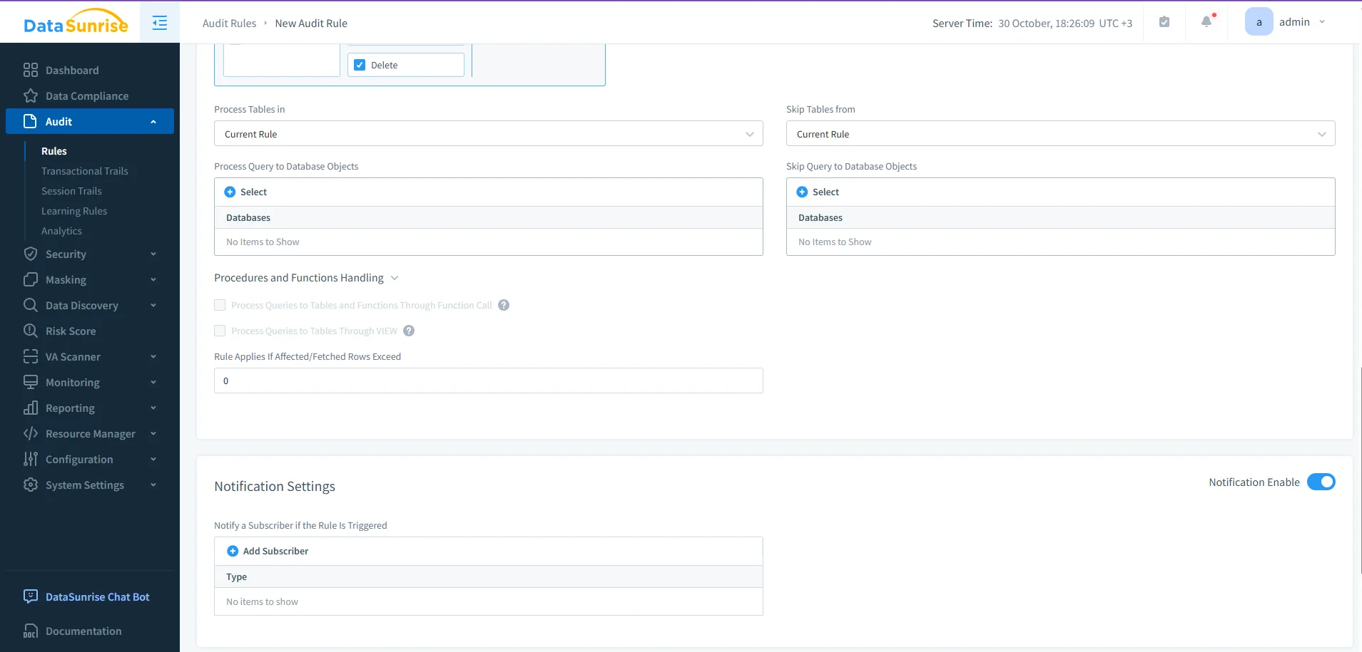 IBM Db2 Audit Log - DataSunrise UI displaying navigation menu with options for compliance, audit, security, masking, and analytics features.