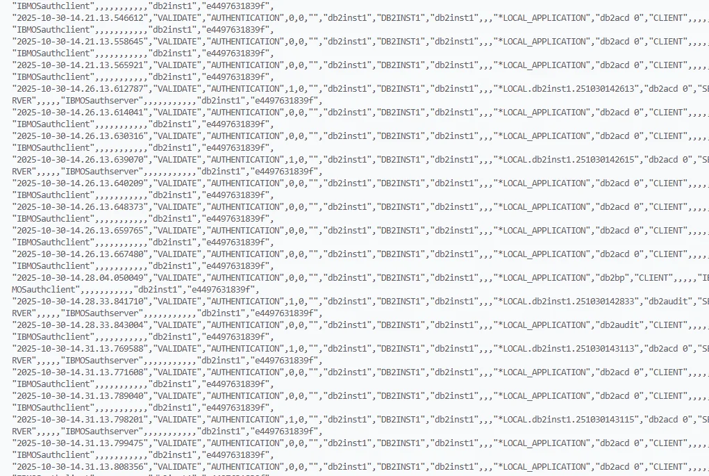 IBM Db2 Audit Tools - terminal output showing authentication validation logs with timestamps.